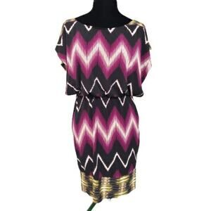 Olivia Mathews Multicolor Zig Zag Cap Sleeves Cinch Waist Boatneck Midi Dress 6